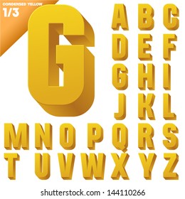 Three-dimensional condensed alphabet. Vector illustration of 3d font characters. Clear color style. Upper case