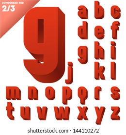 Three-dimensional condensed alphabet. Vector illustration of 3d font characters. Clear color style. Small case