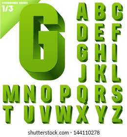 Three-dimensional condensed alphabet. Vector illustration of 3d font characters. Clear color style. Upper case