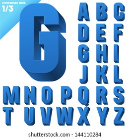 Three-dimensional condensed alphabet. Vector illustration of 3d font characters. Clear color style. Upper case