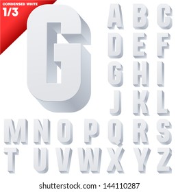 Three-dimensional condensed alphabet. Vector illustration of 3d font characters. Clear color style. Upper case