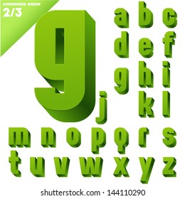 Three-dimensional condensed alphabet. Vector illustration of 3d font characters. Clear color style. Small case