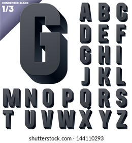 Three-dimensional condensed alphabet. Vector illustration of 3d font characters. Clear color style. Upper case