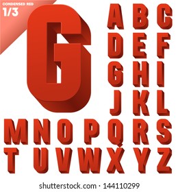 Three-dimensional condensed alphabet. Vector illustration of 3d font characters. Clear color style. Upper case