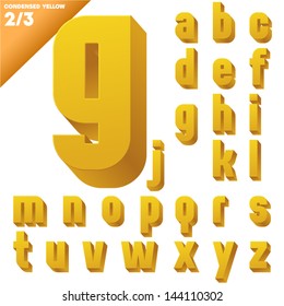 Three-dimensional condensed alphabet. Vector illustration of 3d font characters. Clear color style. Small case