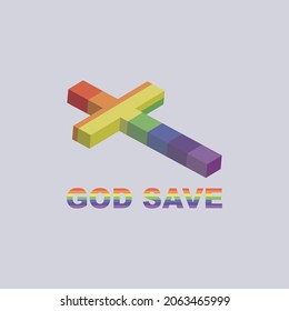 Three-dimensional cross design with a combination of LGBTQ pride flags. Vector Illustration.