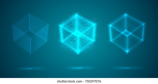 a three-dimensional cube of luminous lines. abstract vector set