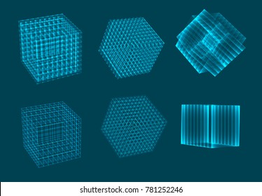 a three-dimensional cube of luminous lines. abstract vector set