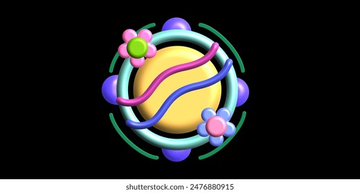 Formas lindas tridimensionales sobre un fondo negro, flor 3d.Vector 