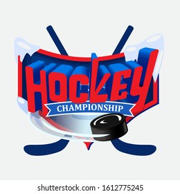 Three-dimensional der and blue logo with the inscription Hockey championship on the background of the shield. Behind the shield are placed crosswise hockey sticks and hockey puck flies out from under