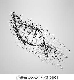 Three-dimensional dna molecule consist of randomly moving particles . Dotted quicksand wave at motion . Abstract vector illustration . Science concept background. Destroyed structure . Nano technology