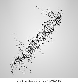 Three-dimensional dna molecule consist of randomly moving particles . Dotted quicksand wave at motion . Abstract vector illustration . Science concept background. Destroyed structure . Nano technology