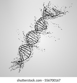 Three-dimensional dna molecule consist of randomly moving particles . Dotted quicksand wave at motion . Abstract vector illustration . Science concept background. Destroyed structure .Nano technology 