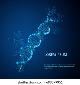 Three-dimensional dna molecule consist of randomly moving particles . Dotted quicksand wave at motion . Abstract vector illustration Science concept background. Destroyed structure. Nano technology.