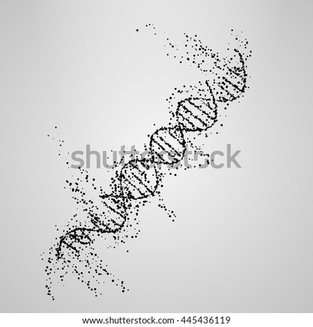 Three-dimensional dna molecule consist of randomly moving particles . Dotted quicksand wave at motion . Abstract vector illustration . Science concept background. Destroyed structure . Nano technology
