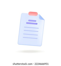 Three-dimensional document with red clip icon. Sheet of paper with task or agreement 3D vector illustration on white background. Information, data, business concept