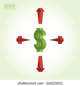 Three-dimensional dollar sign with arrows. Web sign.