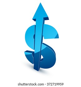 Three-dimensional dollar symbol with an arrow pointing up, economics growth trend conceptual icon. Business development 3d vector design element.