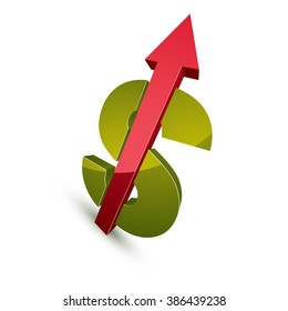 Three-dimensional dollar symbol with an arrow pointing up, economics growth trend conceptual icon. Business development 3d vector design element.