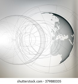 Three-dimensional dotted world globe with abstract construction on gray background, vector illustration.