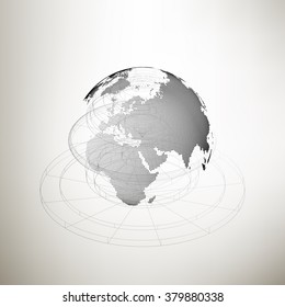 Three-dimensional dotted world globe with abstract construction on gray background, vector illustration.