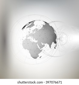 Three-dimensional dotted world globe with abstract construction and molecules on gray background, low poly design vector illustration.