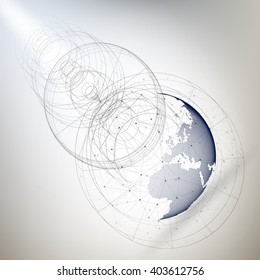 Three-dimensional dotted world globe with abstract construction and molecules on gray background, low poly design vector illustration.