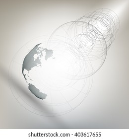 Three-dimensional dotted world globe with abstract construction on gray background, vector illustration.