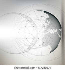 Three-dimensional dotted world globe with abstract construction and molecules on gray background, low poly design vector illustration.