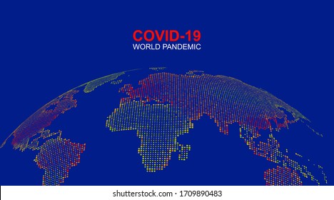 The three-dimensional earth composed of colored dots symbolizes the spread of coronavirus around the world.