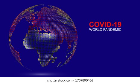 The three-dimensional earth composed of colored dots symbolizes the spread of coronavirus around the world.