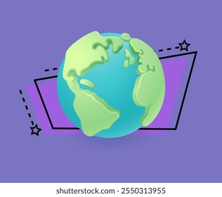 Three-dimensional Earth or globe. Planet with green land and blue water 3D vector illustration on purple background. Space, astronomy, universe, geography, education concept