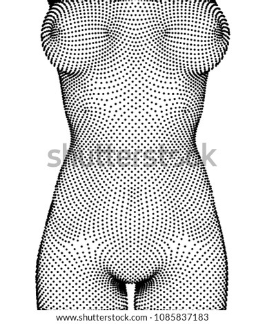 A three-dimensional female body from square polygons. Black and white style.