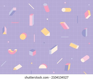 Three-dimensional figures are floating on a purple grid background. Simple pattern design template.