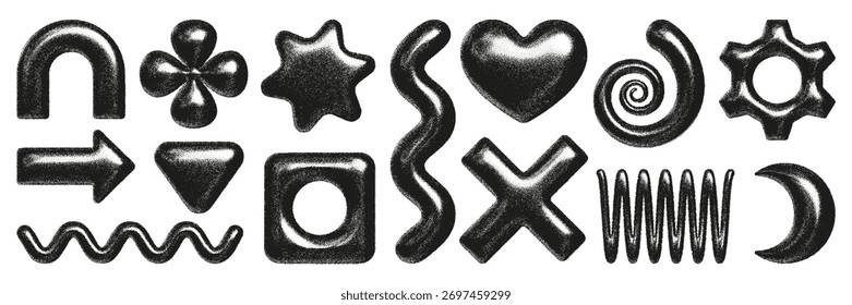 Figuras tridimensionales con diversas Formas y ruidos mostrados sobre un fondo limpio para el análisis artístico.