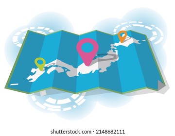 Mapa plegable tridimensional de Japón con marcadores Ilustración vectorial