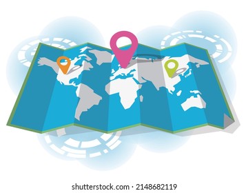 
Three-dimensional folding world map with markers Atlantic center Vector illustration