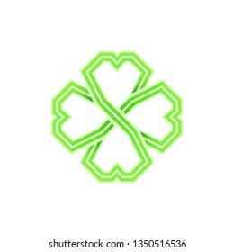 Three-dimensional four leaf green shamrock in Celtic style, St Patrick's day vector line clover pictogram