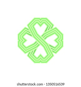 Three-dimensional four leaf green shamrock in Celtic style, St Patrick's day vector line clover pictogram