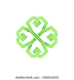 Three-dimensional four leaf green shamrock in Celtic style, St Patrick's day vector line clover pictogram