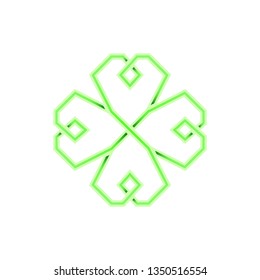 Three-dimensional four leaf green shamrock in Celtic style, St Patrick's day vector line clover pictogram