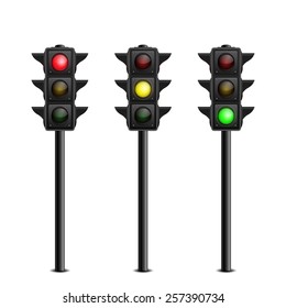 Three-dimensional full length traffic lights on white background. Vector illustration. 