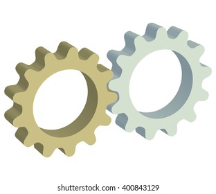 Three-dimensional gear. Vector illustration of gearing. Settings icon or illustration of technical processes. Isometric design of gear mechanism. Repair company logo or teamwork concept.