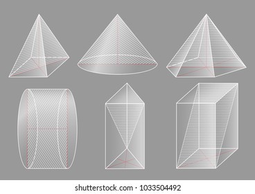 Three-dimensional geometric figure, school geometry. 3d transparent shapes. Prism, pyramid, cone, cylinder. 	
Cross-section.