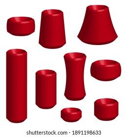 Three-dimensional geometric shapes. A set of different red objects. Vector clipart