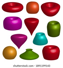 Three-dimensional geometric shapes. A set of different colored objects. Vector clipart