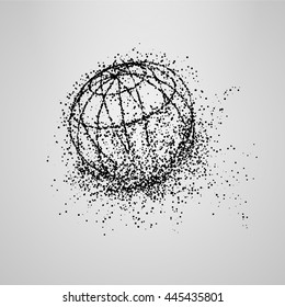 Los globos tridimensionales consisten en partículas en movimiento aleatorio. Onda punteada de arena movediza en movimiento. Ilustración vectorial Abstractas. Esfera 3D. Estructura destruida. Conexión de red global . Geométrica
