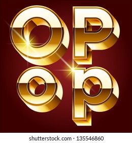 Three-dimensional golden alphabet. Vector illustration of 3d realistic font characters of gold. Letters o p