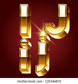 Three-dimensional golden alphabet. Vector illustration of 3d realistic font characters of gold. Letters i j