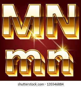 Three-dimensional golden alphabet. Vector illustration of 3d realistic font characters of gold. Letters  m n